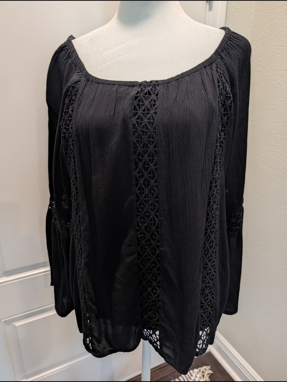 Karen Kane Black Crochet-Trim Lined Peasant Top